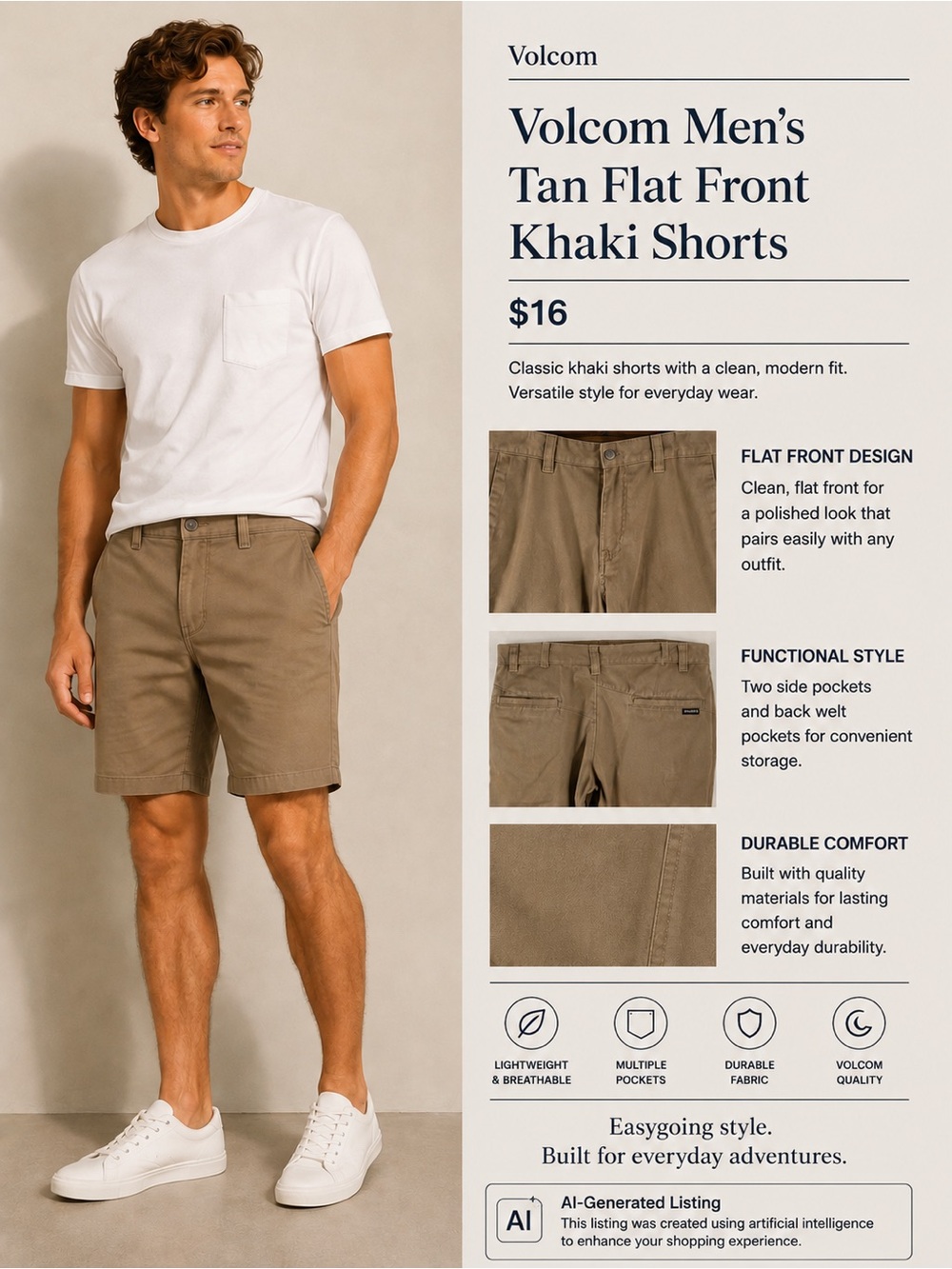 Volcom Men's Tan Flat Front Khaki Shorts